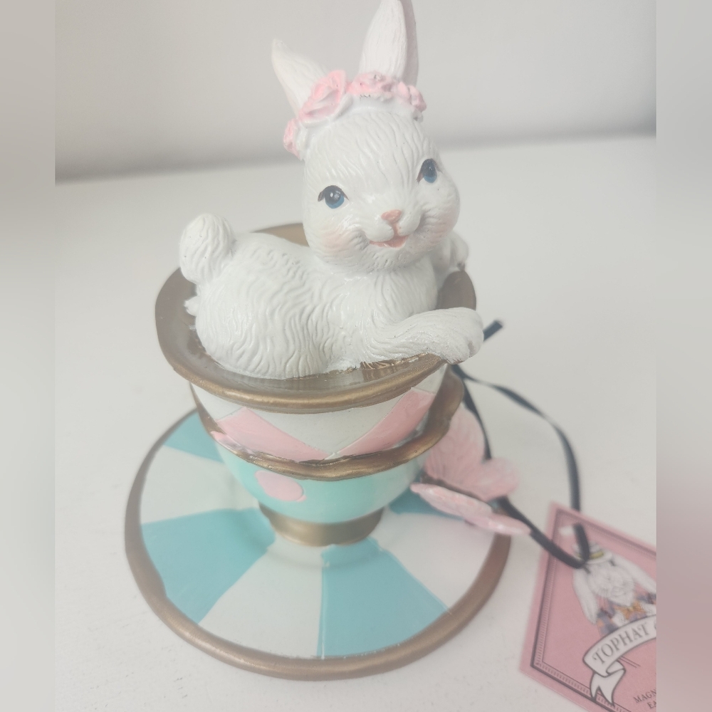 TopHat & Tails White Bunny Sitting In A Teacup Figurine with Pink Floral Crown - Picture 12 of 14
